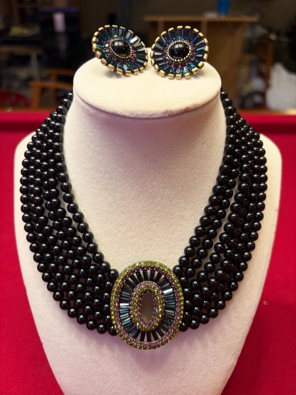 Heidi Daus Black Bead Crystal Necklace Earrings Set Like New